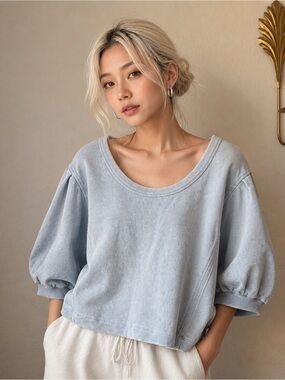 NWT aerie Washed Light Blue Scoop Neck Puff Sleeve Sweatshirt Size XXL